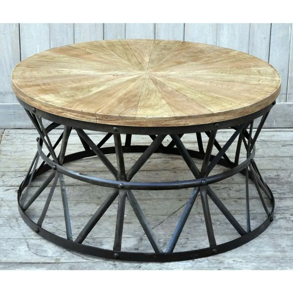 Roger Rustic Industrial Cast Iron Hardwood Top Round Coffee Table