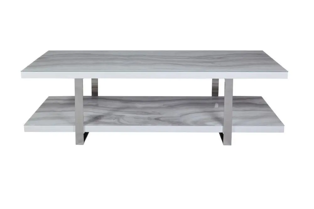 Raimon Furniture Lucas TV Stand Cabinet Entertainment Unit - Chrome Frame - Tempered Glass Top - Calacatta Marble