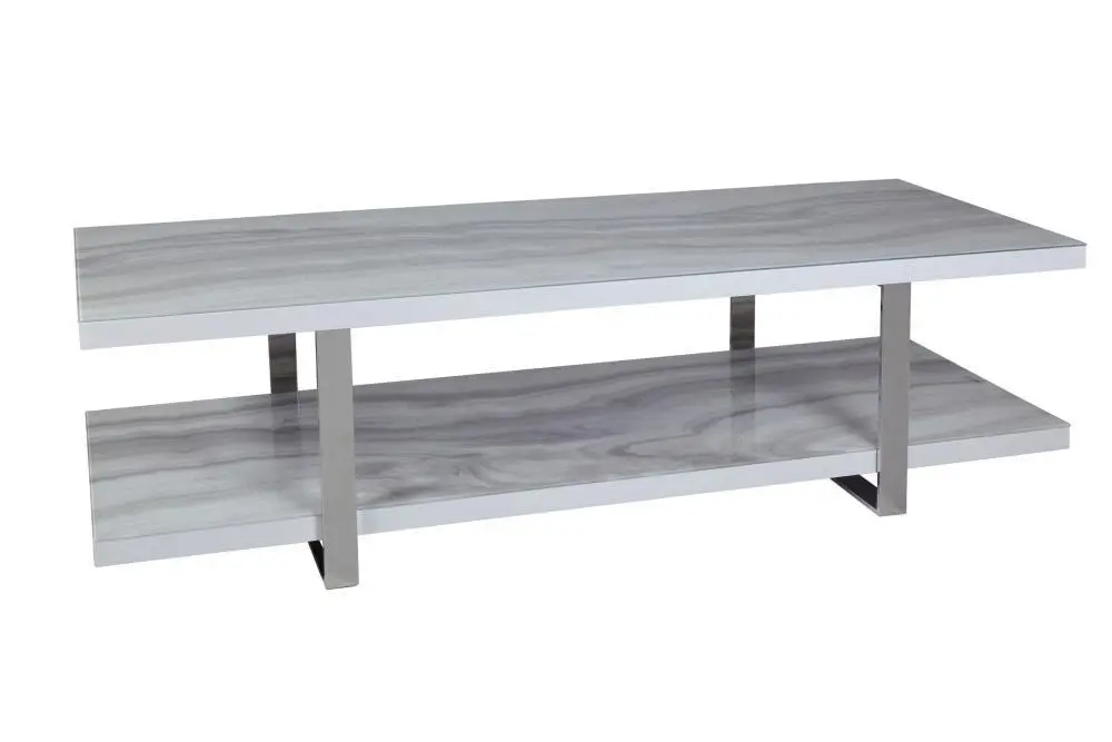 Raimon Furniture Lucas TV Stand Cabinet Entertainment Unit - Chrome Frame - Tempered Glass Top - Calacatta Marble