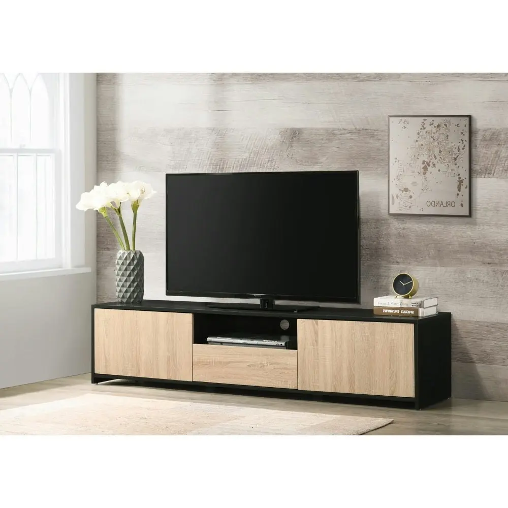 Design Square Elly Lowline Entertainment Unit TV Stand 180cm W/ 2-Doors 1-Drawer - Black/Oak