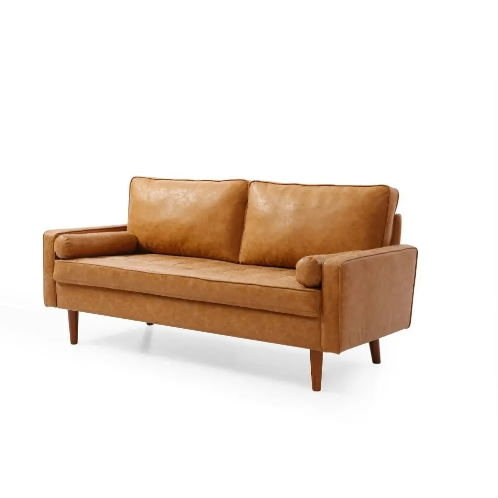 Design Square Designer Modern 2.5-Seater Faux Leather Sofa Wooden Legs - Brown