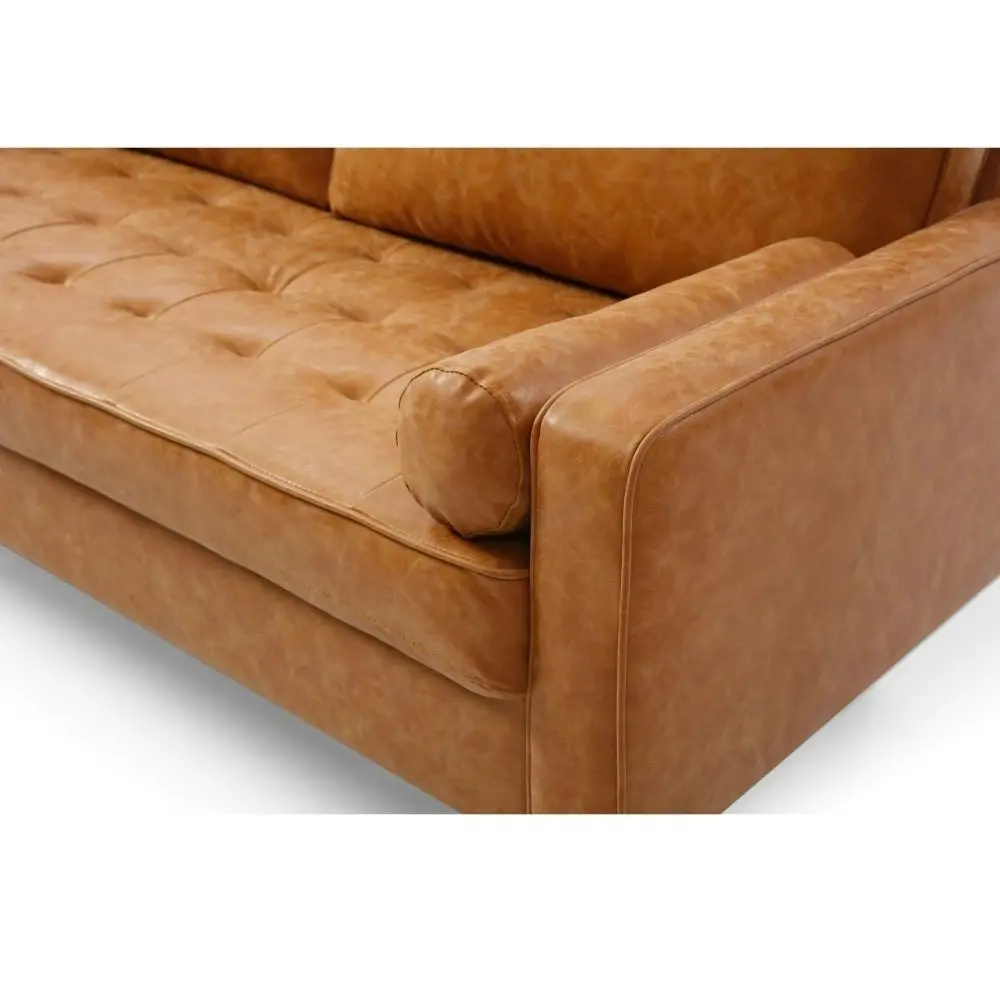 Design Square Designer Modern 2.5-Seater Faux Leather Sofa Wooden Legs - Brown