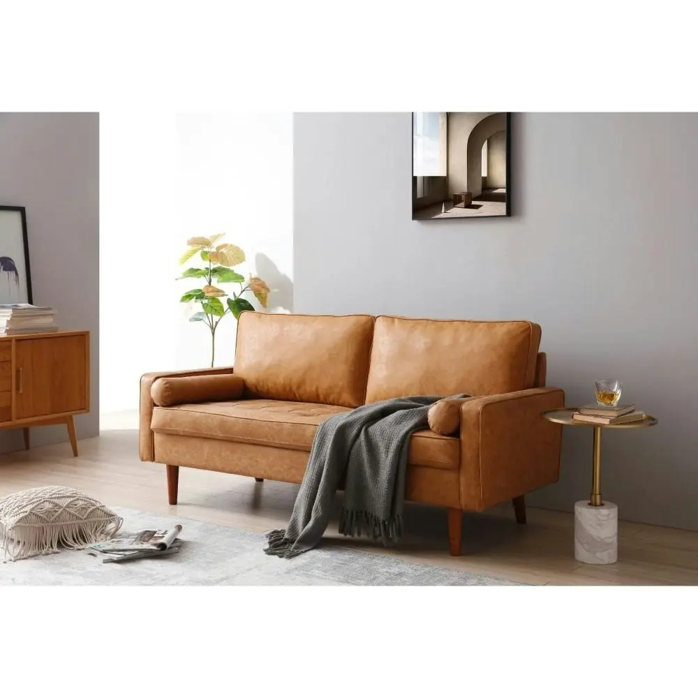 Design Square Designer Modern 2.5-Seater Faux Leather Sofa Wooden Legs - Brown