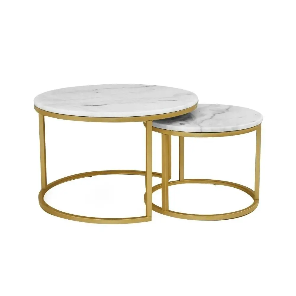 HomeStar Set of 2 Miller Nesting Round Marble Coffee Table Gold Frame - White