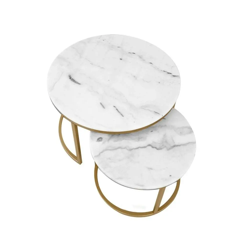 HomeStar Set of 2 Miller Nesting Round Marble Coffee Table Gold Frame - White