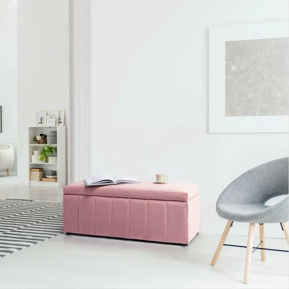 Design Square Lumine Velvet Storage Ottoman Box Bench Foot Stool - Pink