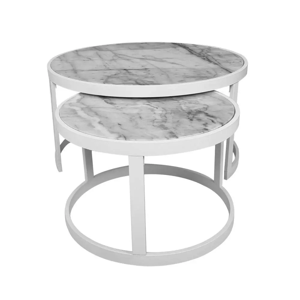 HomeStar Set of 2 Leonardo Nesting Marble Round Coffee Table Metal Frame - White