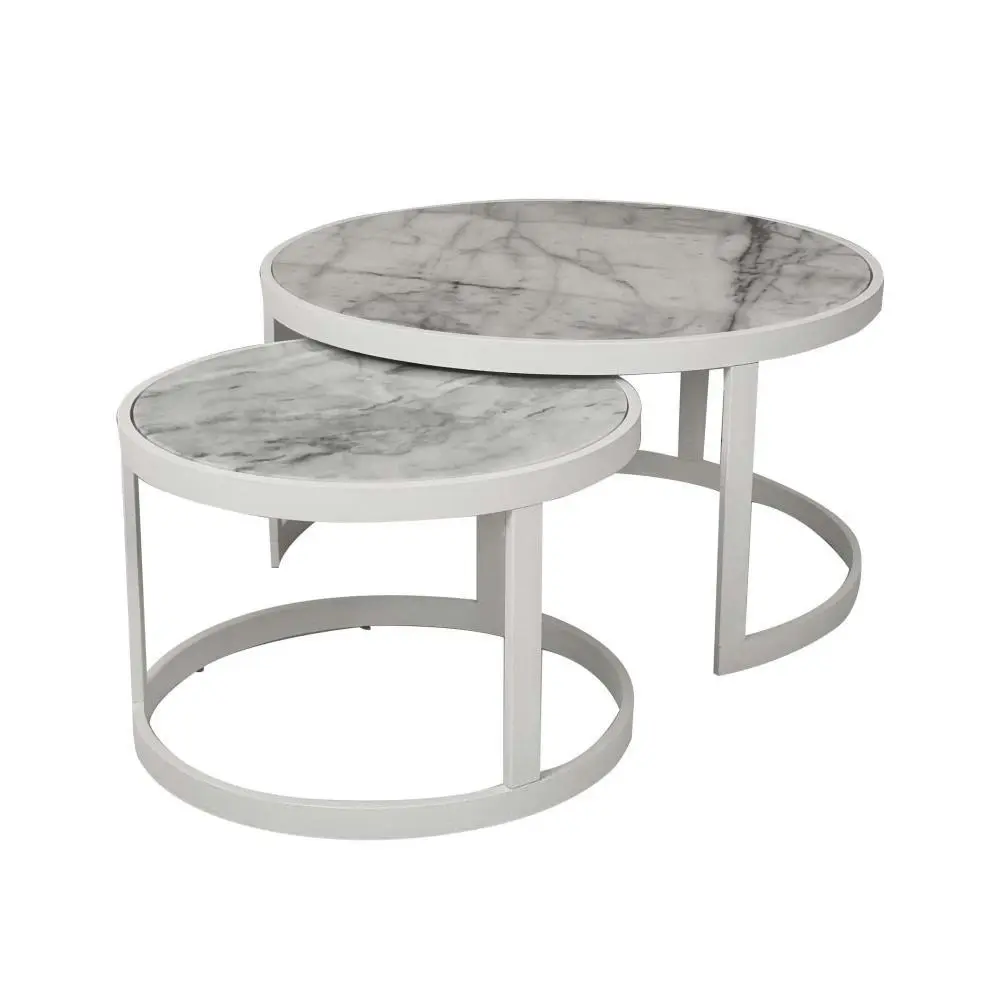 HomeStar Set of 2 Leonardo Nesting Marble Round Coffee Table Metal Frame - White