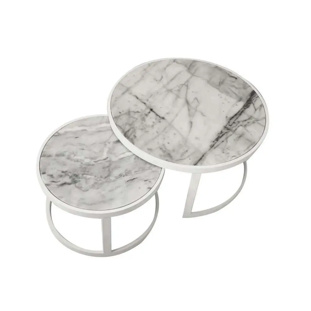 HomeStar Set of 2 Leonardo Nesting Marble Round Coffee Table Metal Frame - White