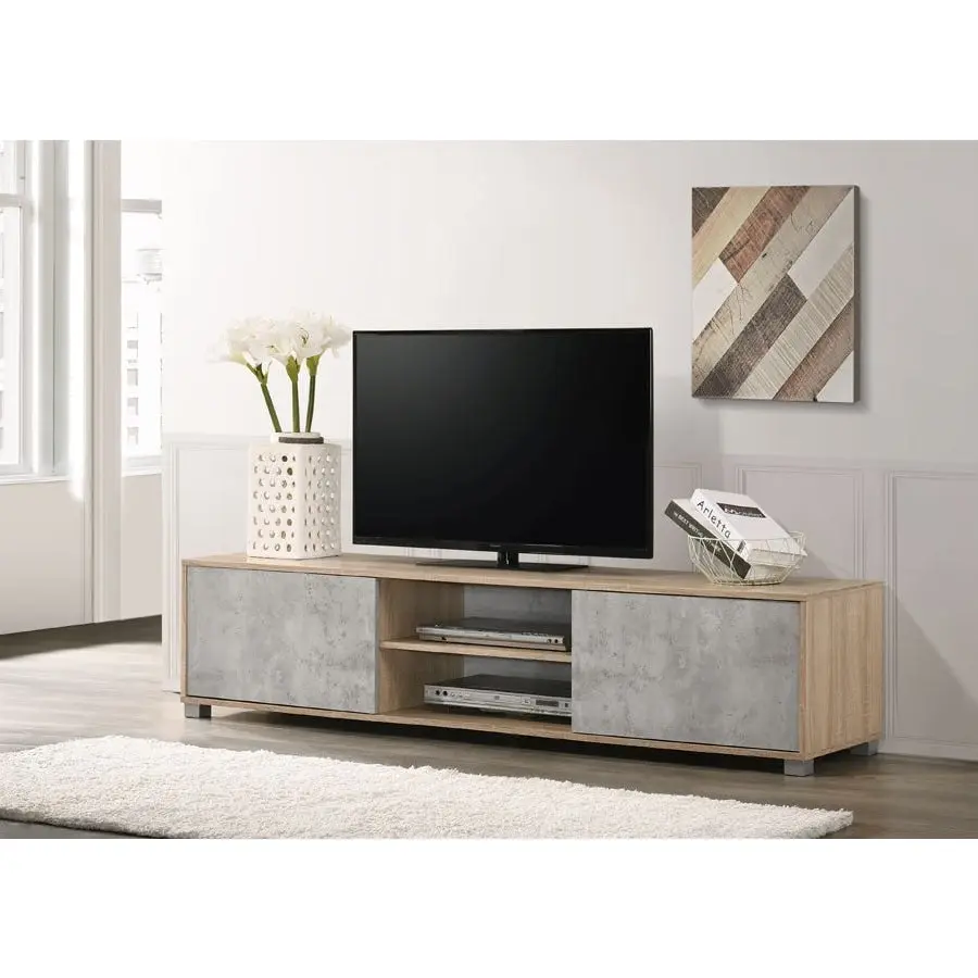 Design Square Calliope Lowline TV Stand Entertainment Unit W/ 2-Doors Storage Cabinet - Oak/Grey