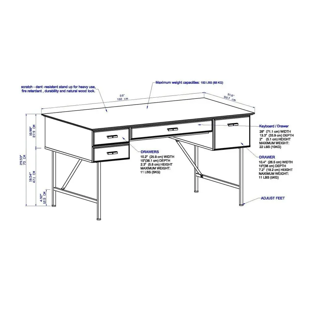 Maestro Furniture Elle 4-Drawers Office Study Writing Computer Desk 150cm - Washed Grey