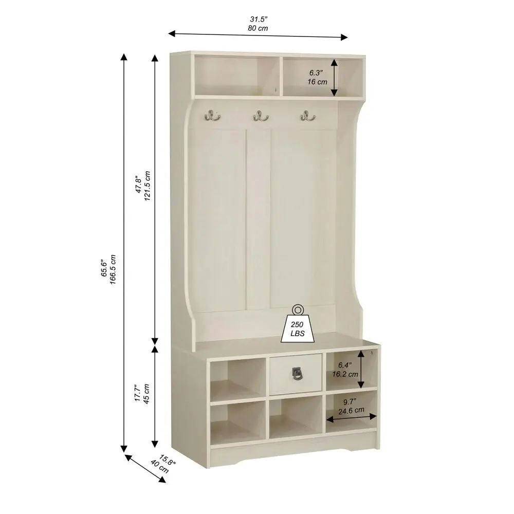 Maestro Furniture Lorrel Modern Hall Tree Coat Rack & Shoe Rack Storage Cabinet - Antique White