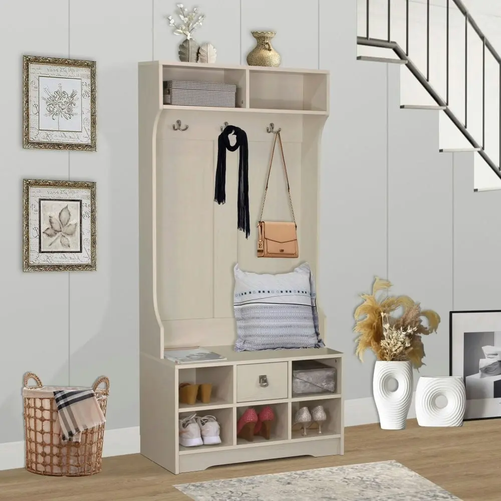 Maestro Furniture Lorrel Modern Hall Tree Coat Rack & Shoe Rack Storage Cabinet - Antique White