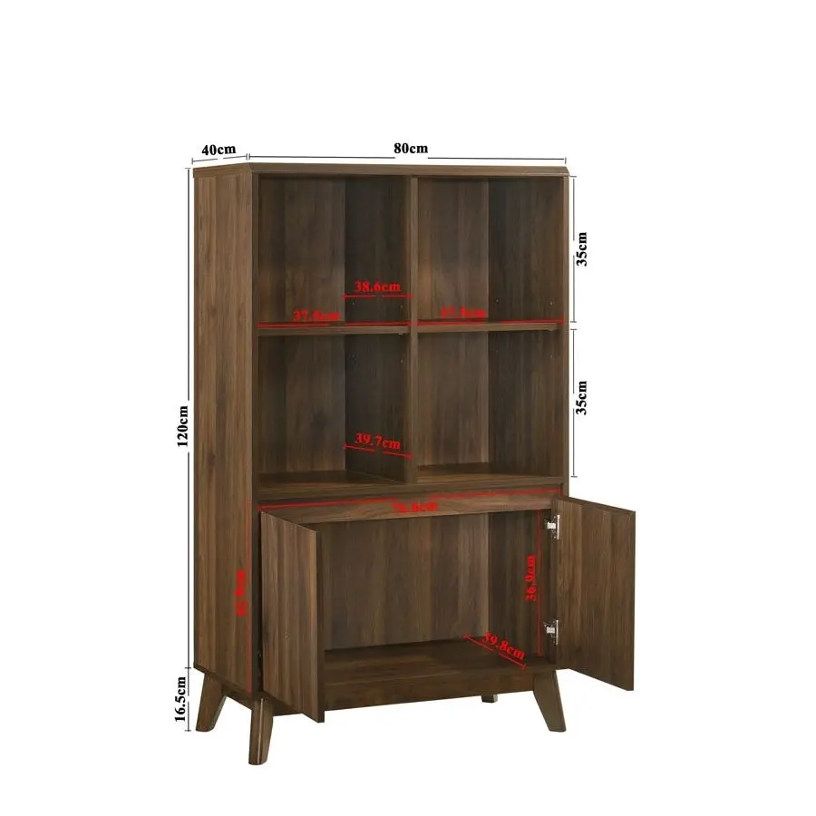 Design Square Audrey Modern Scandinavian 3-Tier Bookcase W/ 2-Doors - Walnut