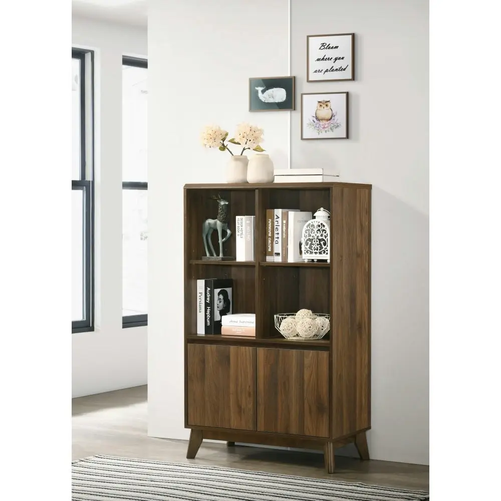 Design Square Audrey Modern Scandinavian 3-Tier Bookcase W/ 2-Doors - Walnut