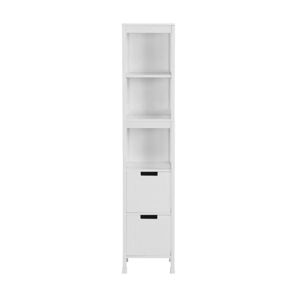 Design Square Mila Bathroom Tower Storage Cabinet W/ 3-Shelves 2-Drawers - White