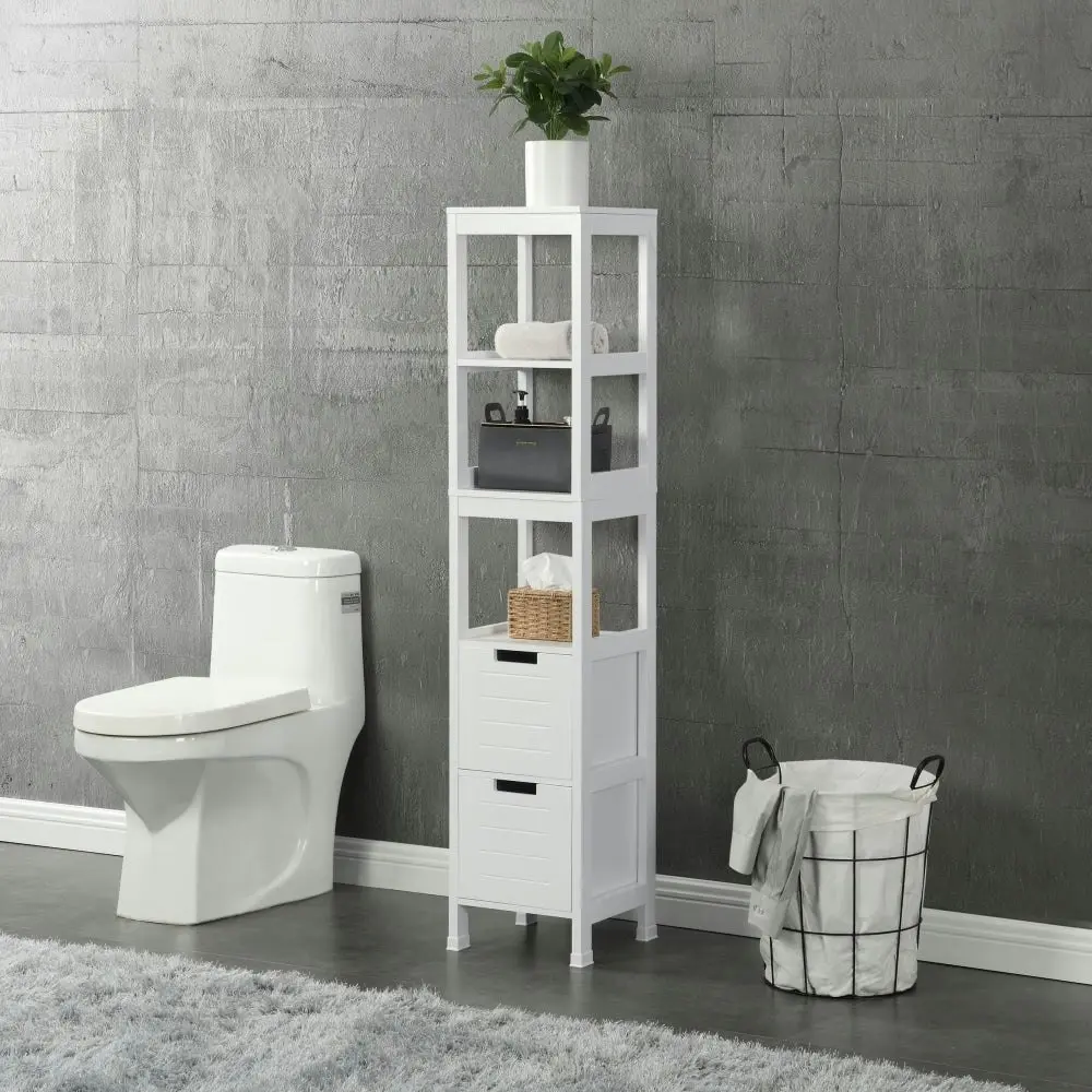 Design Square Mila Bathroom Tower Storage Cabinet W/ 3-Shelves 2-Drawers - White