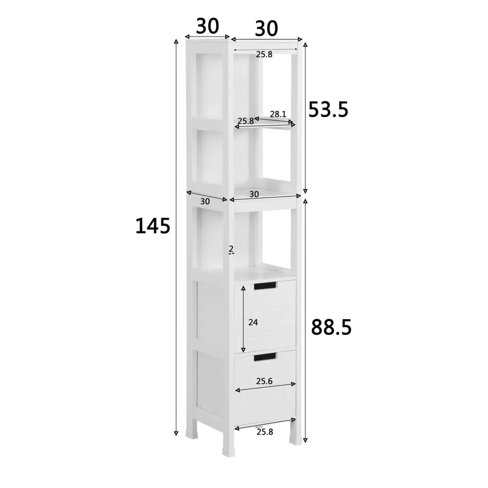 Design Square Mila Bathroom Tower Storage Cabinet W/ 3-Shelves 2-Drawers - White