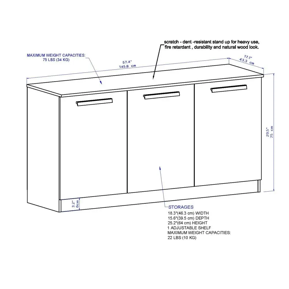 Maestro Furniture Alice Modern 3-Doors Credenza Office Storage - White