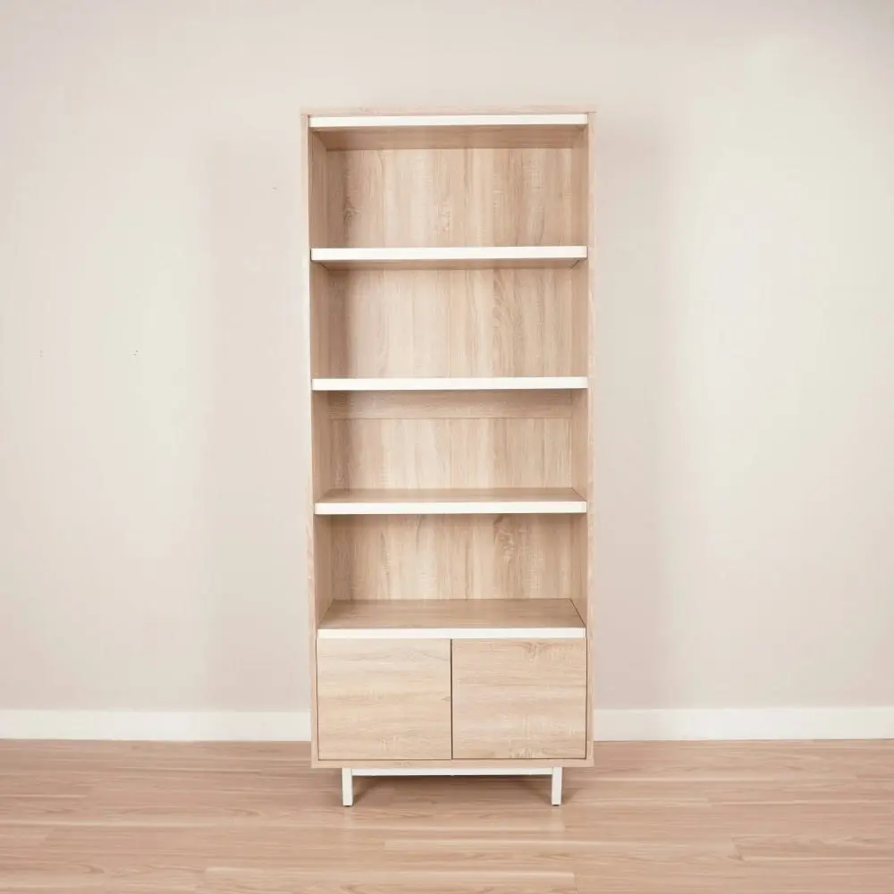 Design Square Rachel 4-Tier Bookcase Display Shelf Storage Cabinet W/ 2-Doors Oak/White