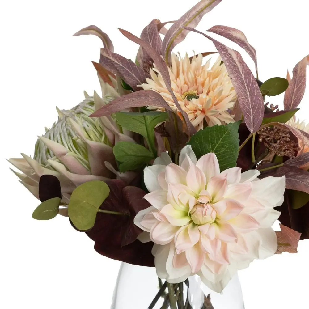 Glamorous Fusion Dusty Pink Dahlia & Protea Mixed Artificial Fake Plant Decorative Arrangement 39cm In Glass