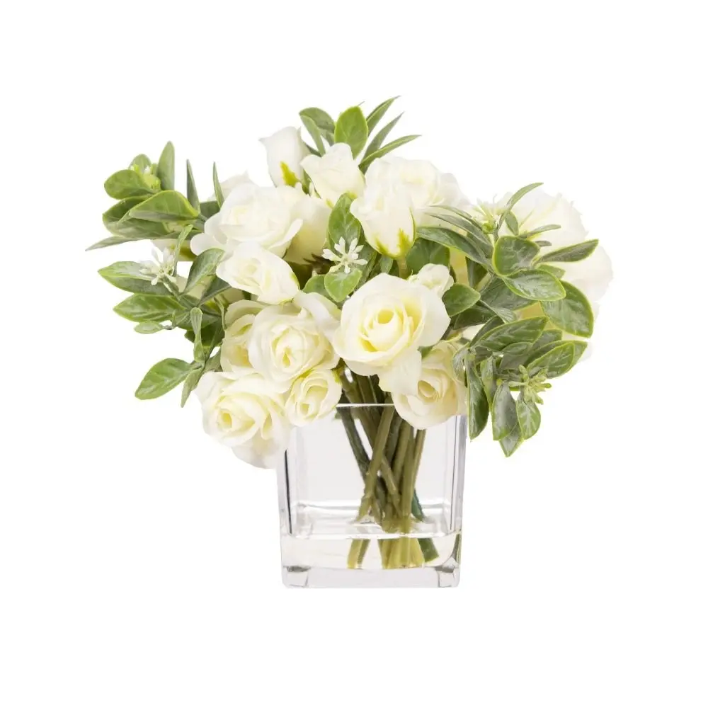 Glamorous Fusion Cream Mini Rose Artificial Fake Plant Decorative Arrangement 20cm In Glass