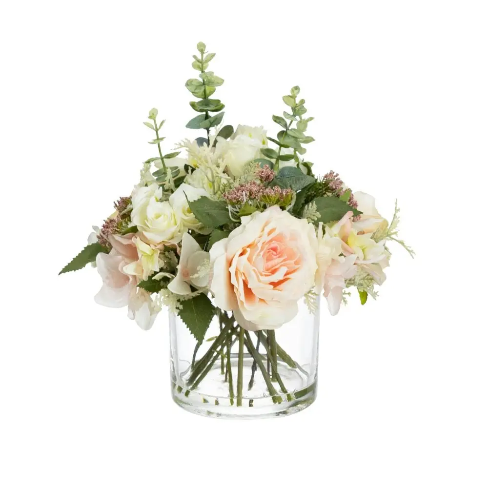 Glamorous Fusion Rose & Ranunculus Mixed Artificial Fake Plant Decorative Arrangement 30cm In Glass