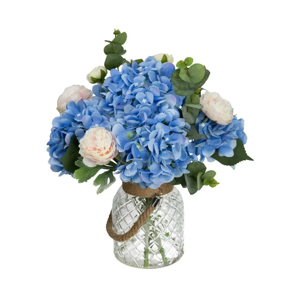 Glamorous Fusion Blue Hydrangea & Peony Mixed Artificial Fake Plant Decorative Arrangement 38cm In Maison Jar