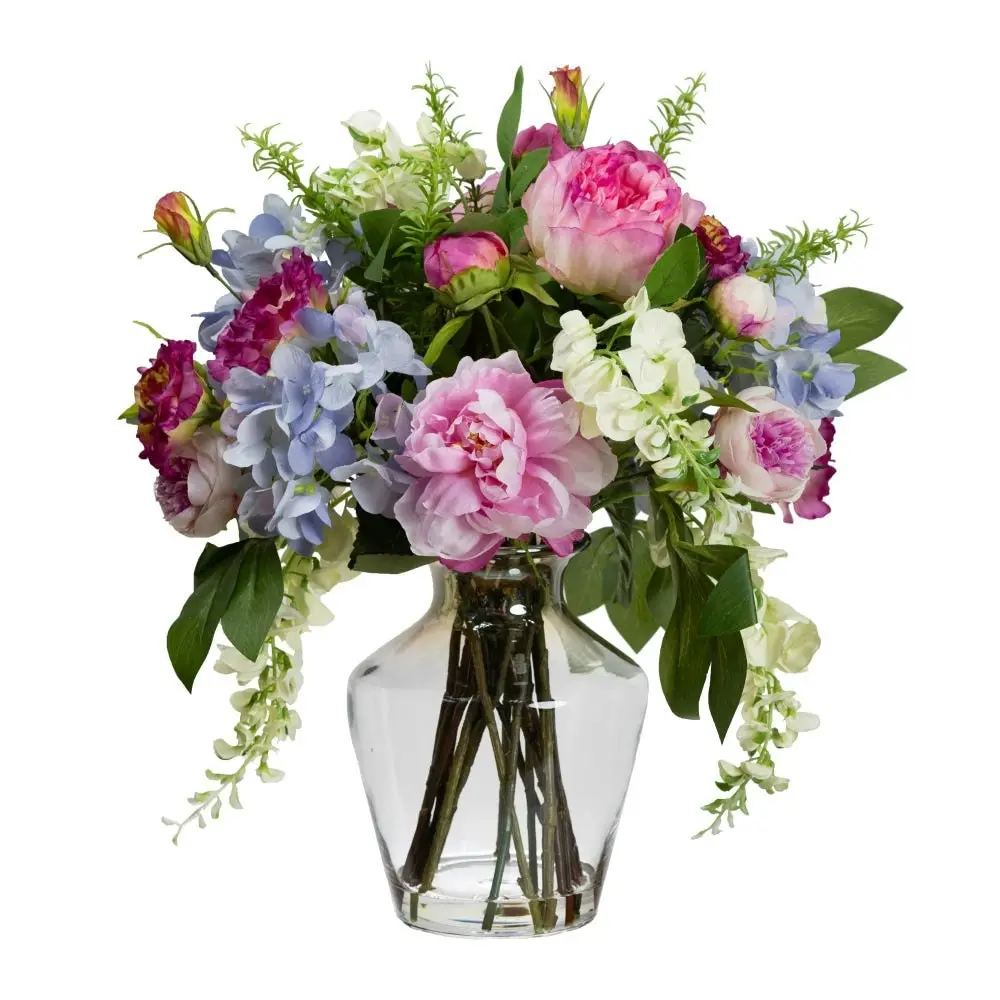 Glamorous Fusion Hydrangea, Peony & Wisteria Mixed  Artificial Fake Plant Decorative Arrangement 56cm In Glass