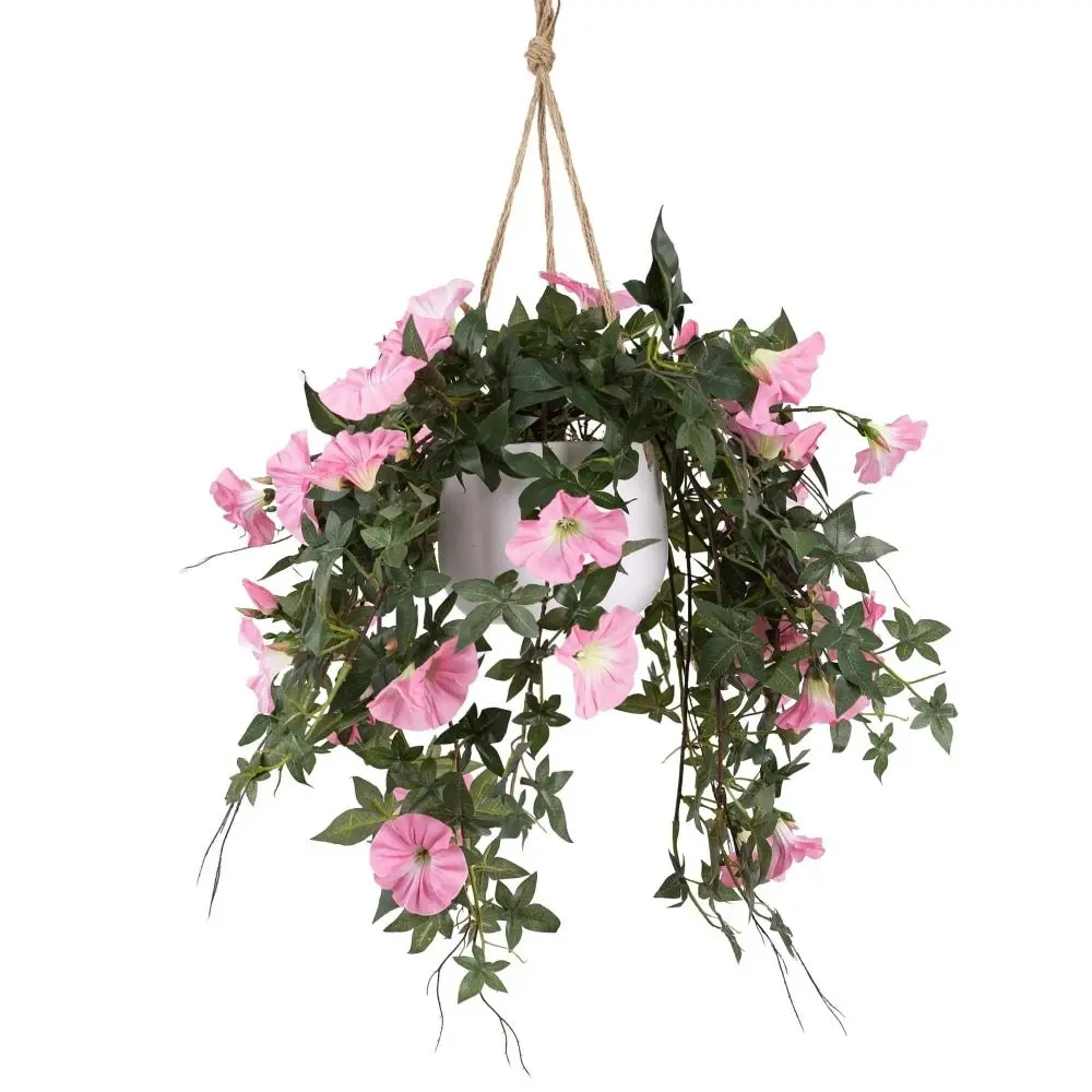 Glamorous Fusion Morning Glory Artificial Fake Plant Decorative Arrangement 75cm In Hanging Planter Pink