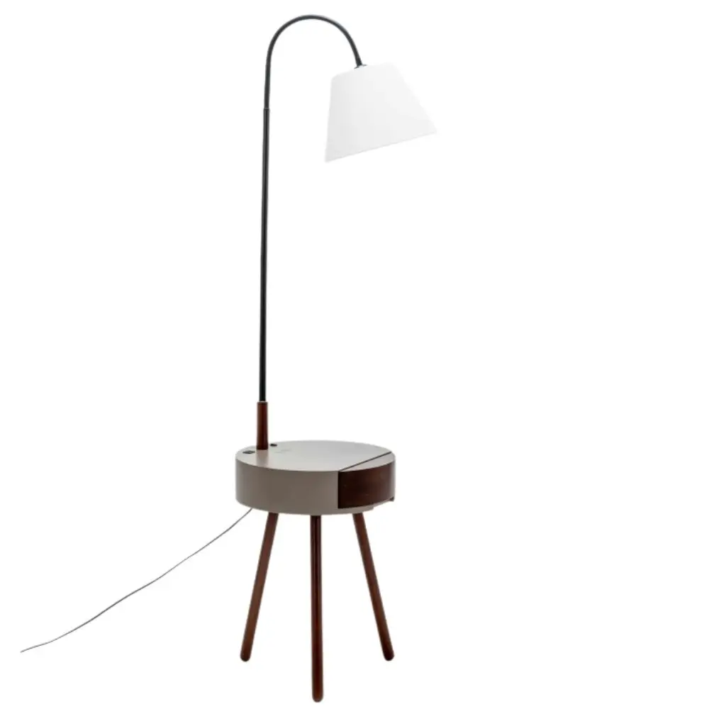 New Oriental Zoltan Rubberwood Floor Lamp On Side Table Linen Shade W/ USB Port Charging - Off White/Grey