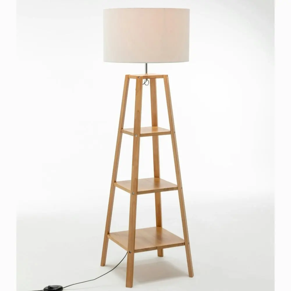 New Oriental Ren Rubberwood Floor Lamp W/ 3 Square Shelves Linen Shade - Off White/Natural