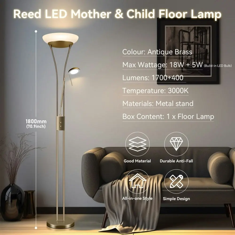 Fareeda Mother & Child LED Standing Floor Lamp Metal Base Glass Shade - Antique Brass