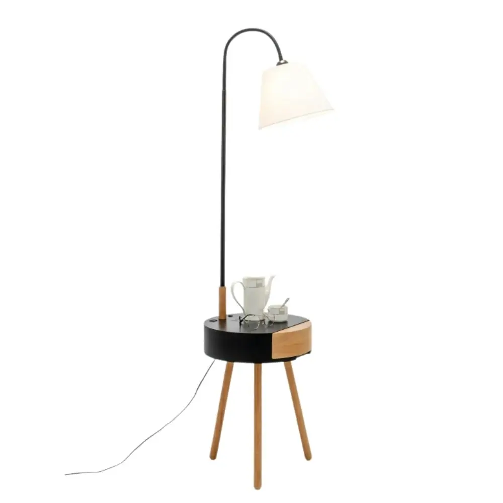 New Oriental Zoltan Rubberwood Floor Lamp On Side Table Linen Shade W/ USB Port Charging - Off White/Black