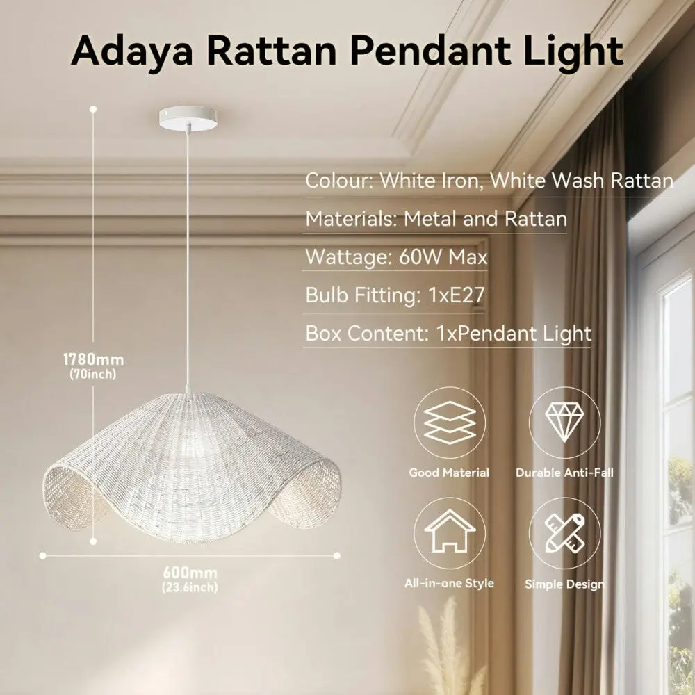 McLean Rattan Modern Elegant Pendant Lamp Ceiling Light - White