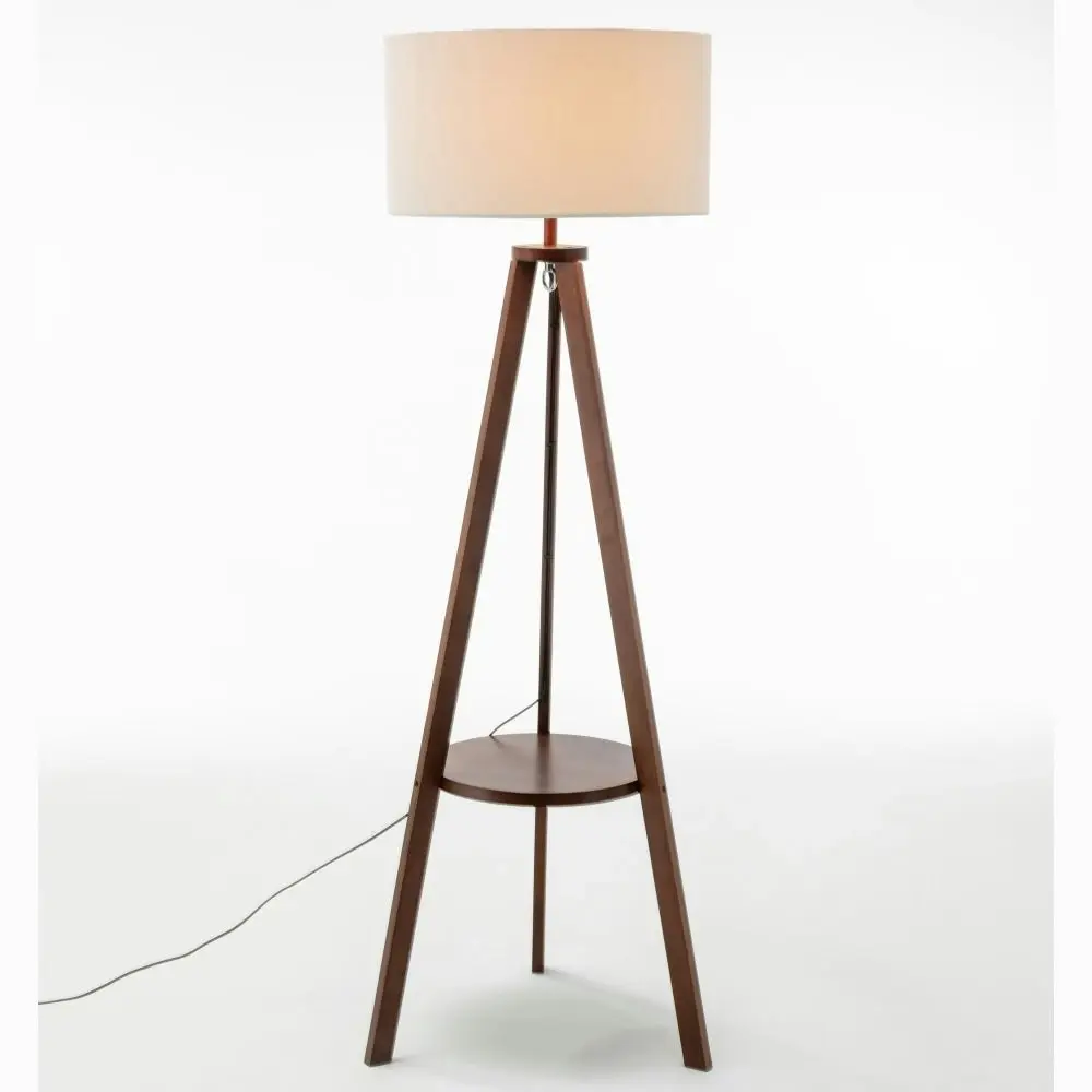 New Oriental Miya Rubberwood Tripod Floor Lamp W/ Round Shelf Linen Shade - Off White/Cherry