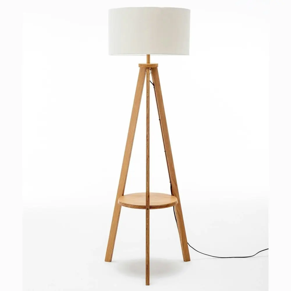 New Oriental Miya Rubberwood Tripod Floor Lamp W/ Round Shelf Linen Shade - Off White/Natural