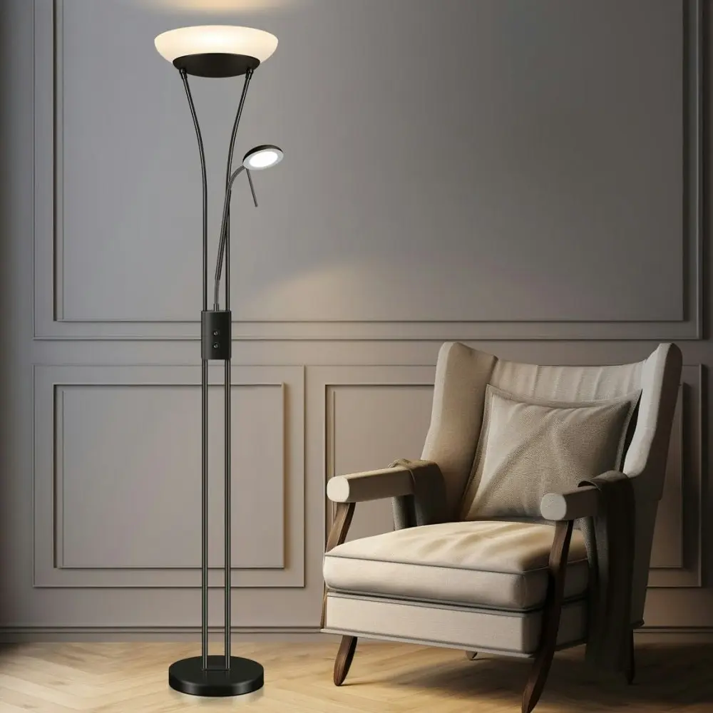 Fareeda Mother & Child LED Standing Floor Lamp Metal Base Glass Shade - Black