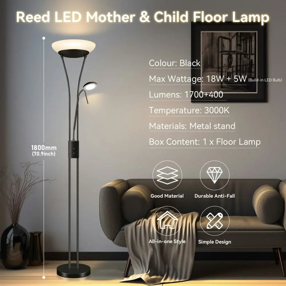 Fareeda Mother & Child LED Standing Floor Lamp Metal Base Glass Shade - Black