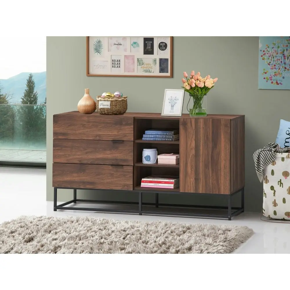 Design Square Malachi Sideboard Buffet Unit Storage Cabinet W/ 1-Door 3-Drawers - Walnut/Black