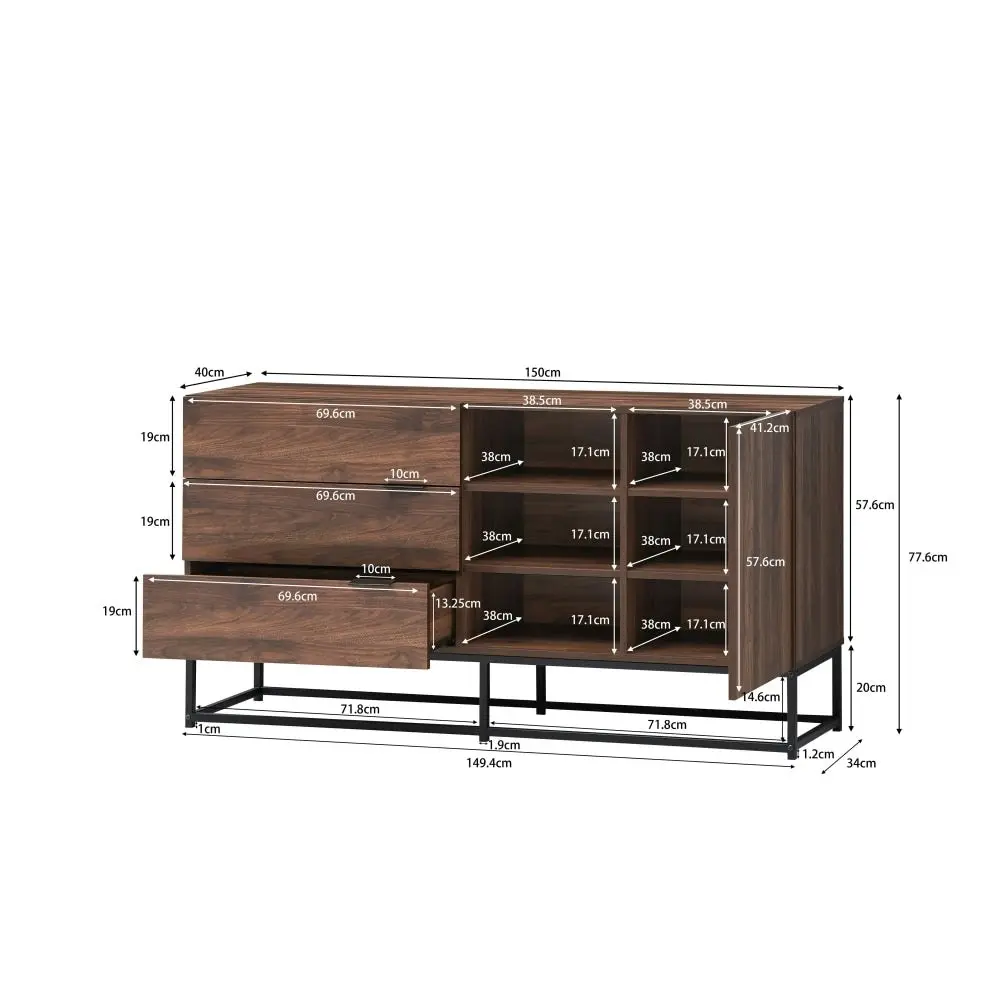 Design Square Malachi Sideboard Buffet Unit Storage Cabinet W/ 1-Door 3-Drawers - Walnut/Black