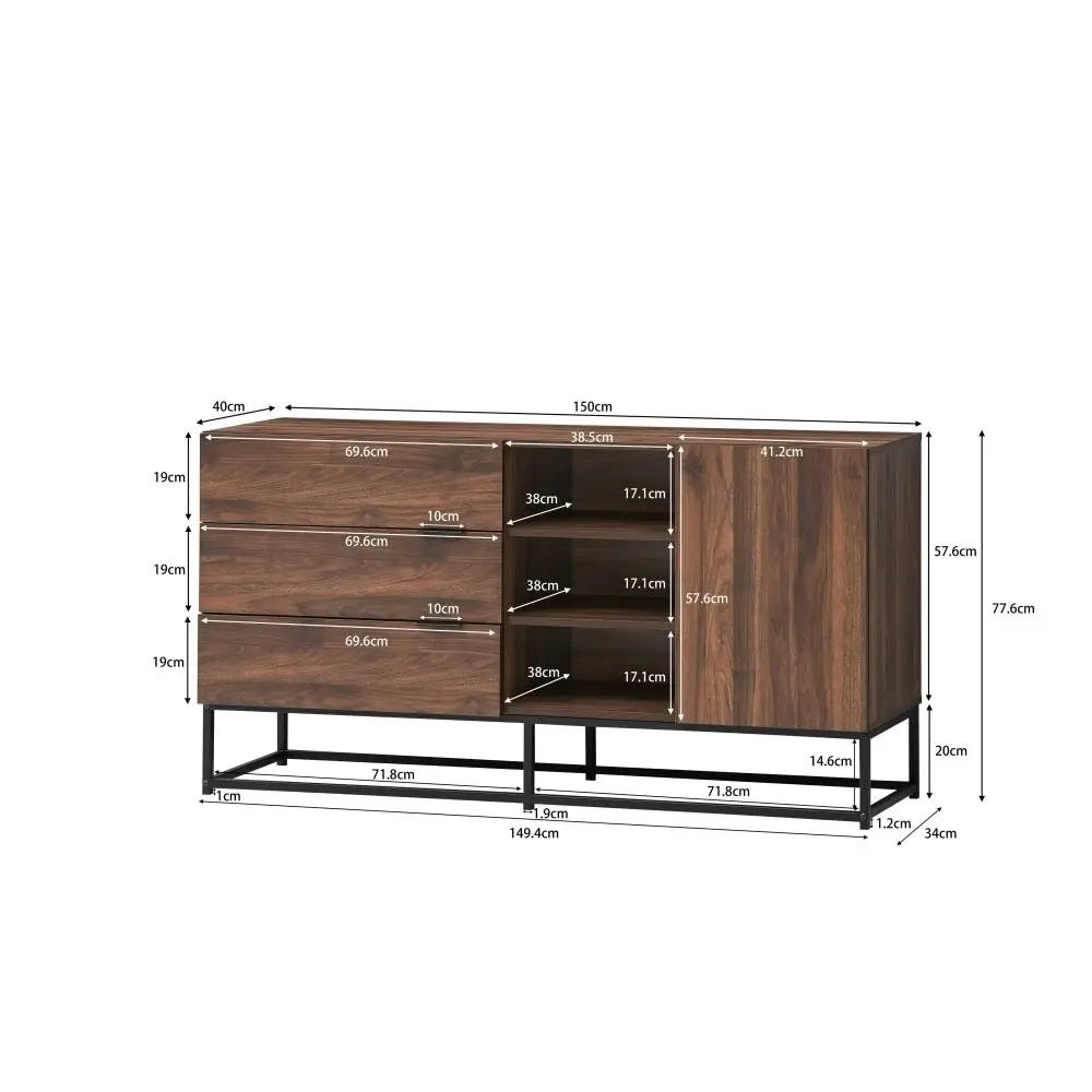 Design Square Malachi Sideboard Buffet Unit Storage Cabinet W/ 1-Door 3-Drawers - Walnut/Black