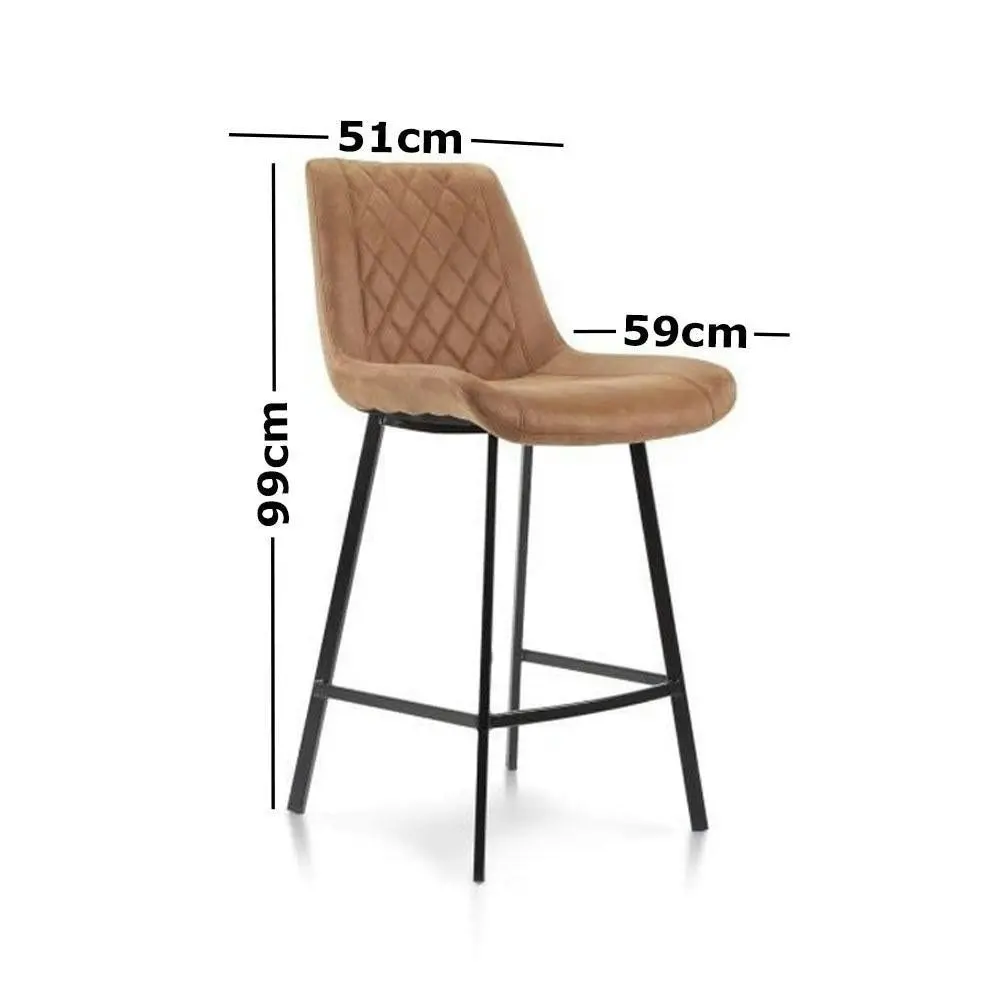 Raimon Furniture Set of 2 Fin Fabric Suede Kitchen Counter Bar Stool Black Metal Legs 66cm - Cognac