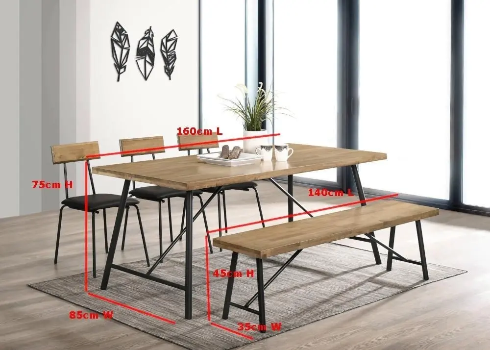 Vegas 6 Seater Dining Set 1.6m Rectangular Dining Table & 1 Benches & 3 Dining Chairs - Maple