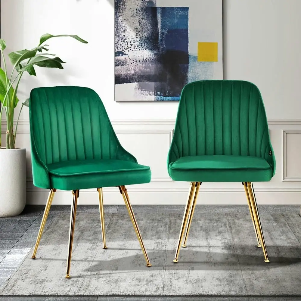 Set of 2 Dining Chairs Retro Chair Cafe Kitchen Modern Metal Legs Velvet Green