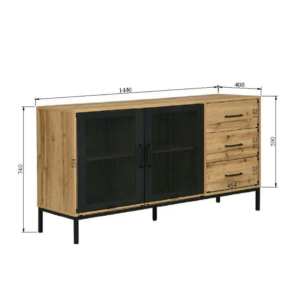 Design Square Nia Buffet Unit Sideboard Storage Cabinet W/ 2-Doors 3-Drawers - Oak/Black