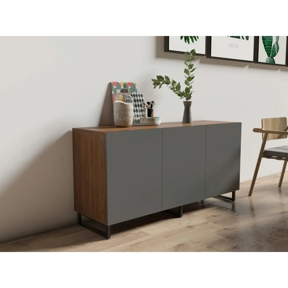 Design Square Zane Buffet Unit Sideboard W/ 3-Doors Storage Cabinet - Walnut/Charcoal