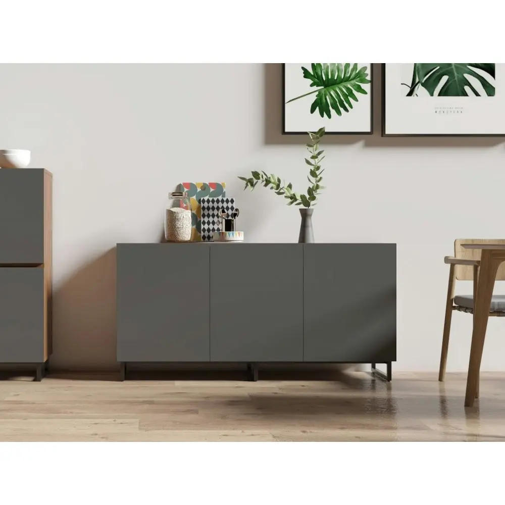 Design Square Zane Buffet Unit Sideboard W/ 3-Doors Storage Cabinet - Walnut/Charcoal