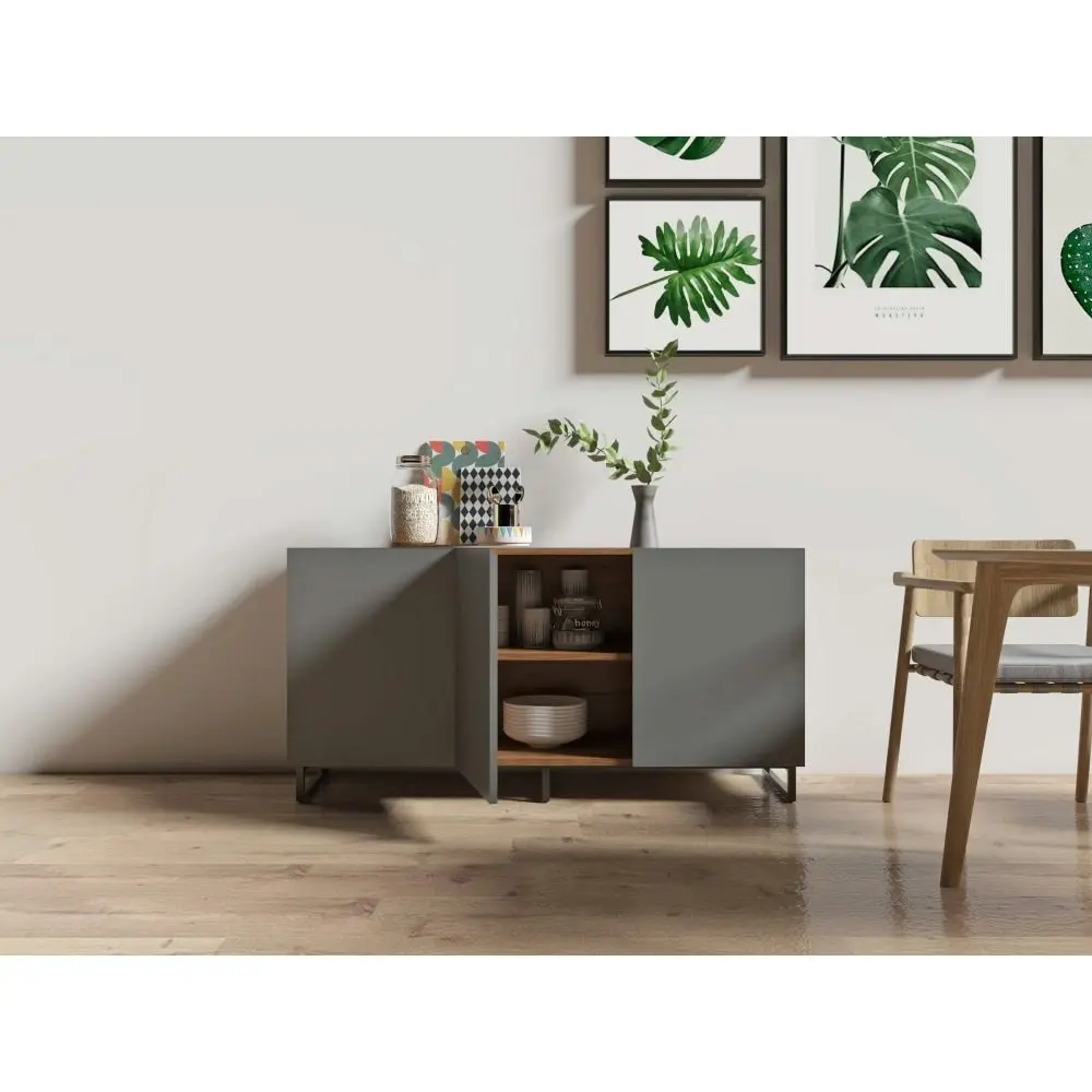 Design Square Zane Buffet Unit Sideboard W/ 3-Doors Storage Cabinet - Walnut/Charcoal