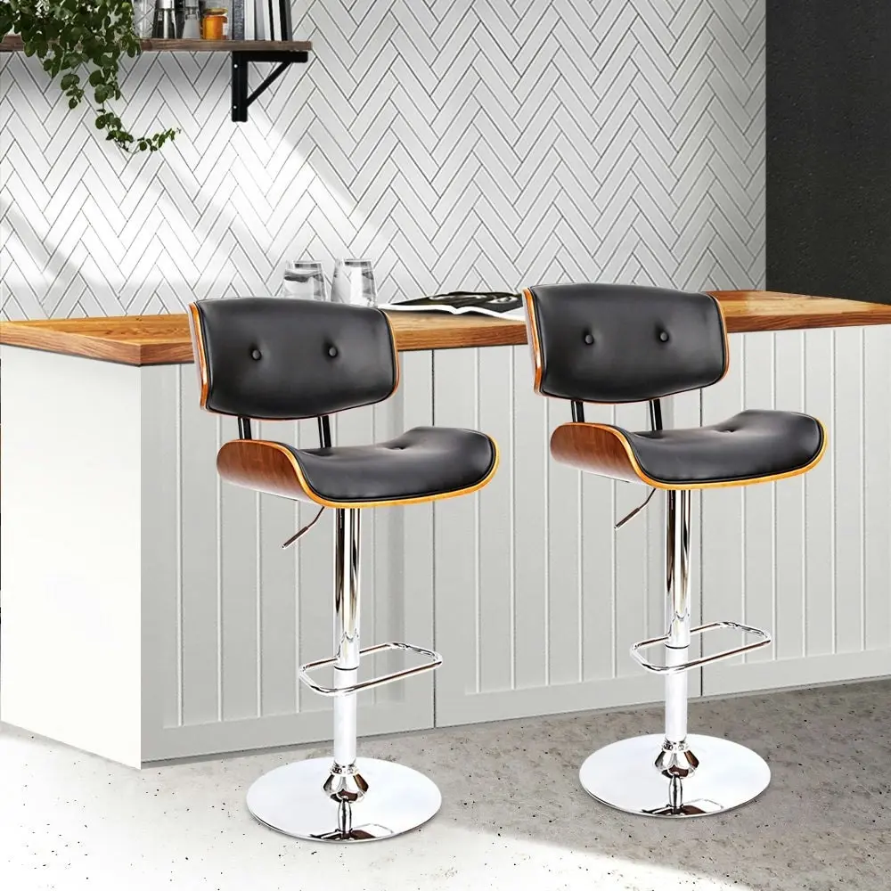 Set of 2 Wooden Gas Lift Bar Stools - Black and Chrome